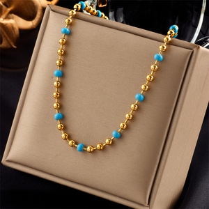 Gold Bead Titanium Steel Turquoise Beaded Chain Necklace Ball Shape Geometric Design Fashion Jewelry Yiwu Origin N1813 - Product Image 1