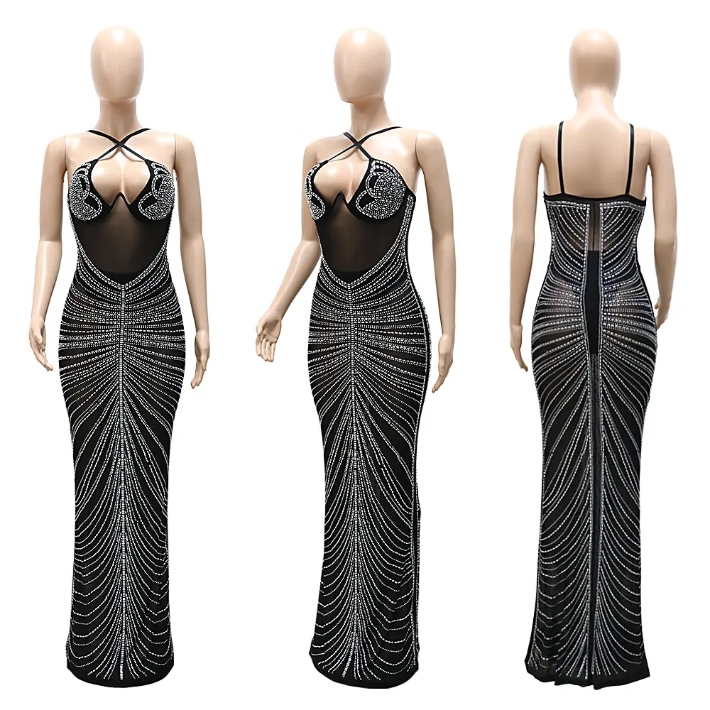 Sexy Sheer Back Rhinestone Evening Dress Fashion Party Gowns For Women Evening Dress