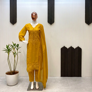 Yellow Embroidered Cotton Traditional Indian Pakistani Women's <b>Dress</b> Set Regular Fit Ankle-Length Casual Wear - Product Image 1