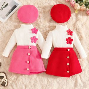 Ensemble de vêtements pour enfants de 0 à 3 <span class=keywords><strong>ans</strong></span>, filles, appliqué, col haut, <span class=keywords><strong>veste</strong></span> à manches longues, jupe, béret, mélange coton-polyester, motif à carreaux - Product Image 1