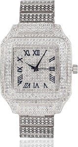 Reloj para Hombre con Diamantes Moissanite, Chapado en Oro Blanco Platino de Lujo, Esfera Cuadrada con Números Romanos, Correa Resistente - Product Image 1