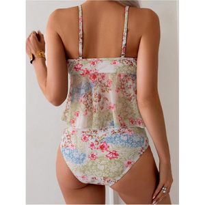 Traje de Baño Tankini Floral Personalizado para Mujer, 2 Piezas, con Volantes, Cintura Alta, Escote en V Profundo, Elástico, Ropa de Playa - Product Image 3