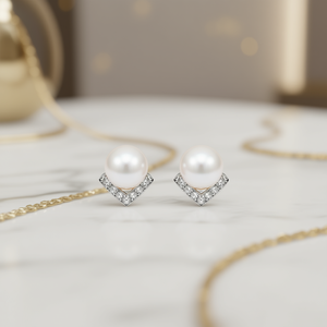 Orecchini a perno con perle Akoya in argento 925, perle coltivate bianche rotonde AAA, design geometrico, gioielli da sposa per donna - Product Image 2