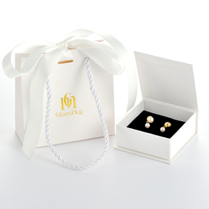 GLAMPKG Paper Magnetic <b>Book</b> <b>Box</b> Black Foam Insert Microfiber Pouch Paper Handle Ribbon Bag Gold Logo Jewelry Packaging Set - Product Image 4