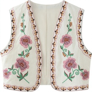 <b>Women's</b> Short Embroidered Floral Vest Open Front Cotton Sleeveless Vintage Style Suzani Hand Embroidery <b>Waistcoat</b> - Product Image 1