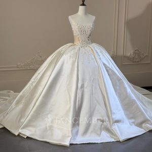 Xs289 Strapless Pearl Beaded Satin Ball Gown Modern <b>Wedding</b> Dress Lace Applique Chapel Train Bridal for - Product Image 3