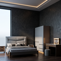Ensemble de meubles de chambre à coucher modernes et luxueux, lit capitonné avec tables de chevet, armoire, coiffeuse LED, collection de lits pour hôtel et maison