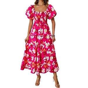 Women's Off Shoulder Puff <b>Sleeve</b> Floral Print Maxi <b>Dress</b> <b>Summer</b> Casual A Line Woven <b>Dress</b> for Parties - Product Image 4