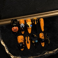 Kuku Palsu Oval Panjang Warna Oranye Buatan Tangan Kelas Atas untuk Musim Gugur/Dingin, Motif Kartun Labu dan Kelelawar untuk Halloween
