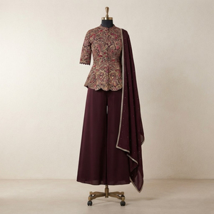 Conjunto de Kurti Corto con Estampado de Vino para Mujer, Pantalones Palazzo Anchos con Corte Acampanado y Dupatta, Ropa India Indo-Occidental - Product Image 1