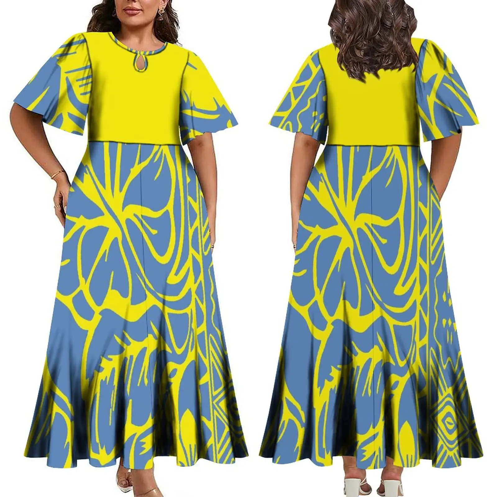 Fábrica Por Atacado Personalizado Flor Tropical Impressão Vestido Havaiano O Pescoço Meia Manga Maxi Vestido De Festa Tamanho Grande Mulheres Vestidos Casuais