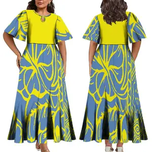 कारखाने थोक कस्टम उष्णकटिबंधीय फूल प्रिंट हैवीयन ड्रेस गर्दन आधा आस्तीन मैक्सी पार्टी बड़े आकार की महिला आकस्मिक कपड़े