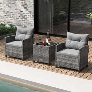 Comfortable 3 Piece Outdoor Patio Wicker Furniture <b>Set</b> Grey PE Rattan <b>Bistro</b> <b>Set</b> with Deep Seating Cushions for Porch - Product Image 1