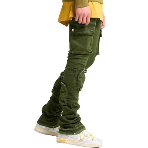 Fashion <b>Green</b> Skinny Raw Edges Hem Multi Pockets <b>Cargo</b> Stacked Denim Jeans <b>Pants</b> for Men - Product Image 3