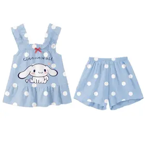 Conjunto de pijama infantil de verão com tira curta e tela de seda gelada para meninas, tamanhos médio e grande, ideal para casa e flores