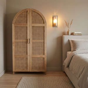 Natural Rattan Arched Wardrobe <b>Cabinet</b> Wooden Double Door <b>Storage</b> Unit Coastal Style Modern <b>Bedroom</b> Furniture Freestanding - Product Image 1