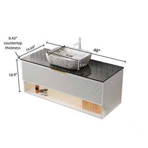 خزانة حمام معلقة 48 بوصة مع حوض، خزانة تخزين من الخشب الرقائقي مع درجين ورف، إضاءة استشعارية، سيراميك بنمط رخامي - Product Image 5