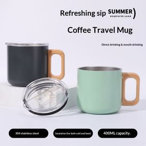 Mug en acier inoxydable 304 avec intérieur et extérieur en acier inoxydable, poignée en bois, anti-brûlure, tasse de bureau au design minimaliste, 400 ml, tasse à café - Product Image 2