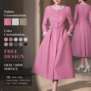 Robe de soirée élégante <span class=keywords><strong>d</strong></span>écontractée pour femme en tweed rose, mi-longue, à manches longues, col rond, boutons perlés, ceinture, taille haute, coupe trapèze, à paillettes, pour l'hiver - Product Image 1