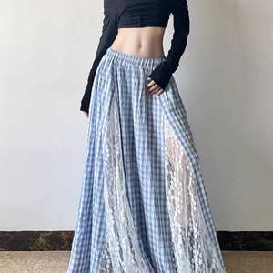 Y2K esthétique dentelle Patchwork pantalons longs femmes été taille haute Plaid droit large jambe pantalon femme coréen Chic bas - Product Image 4