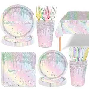 LUCKY Macaron Diamond Rainbow bicchieri di carta asciugamani di carta piatti di carta set di stoviglie usa e getta per feste di compleanno