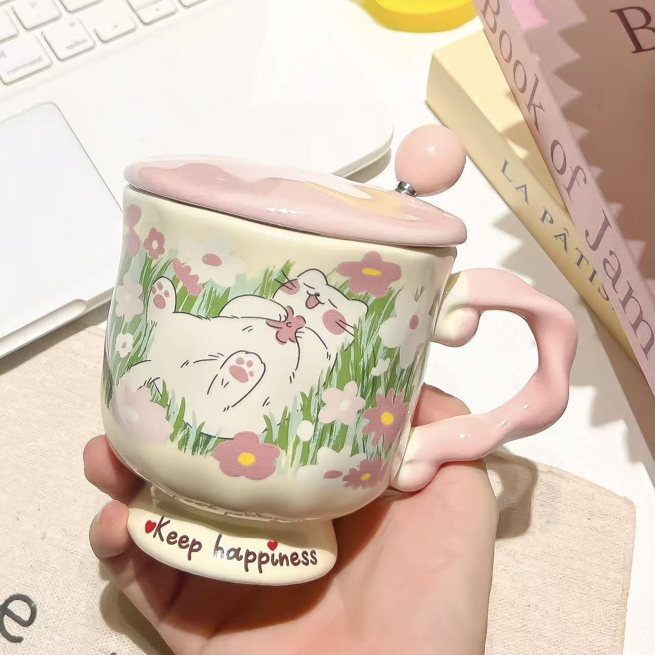 Pink ocean cat-cup + spoon + lid