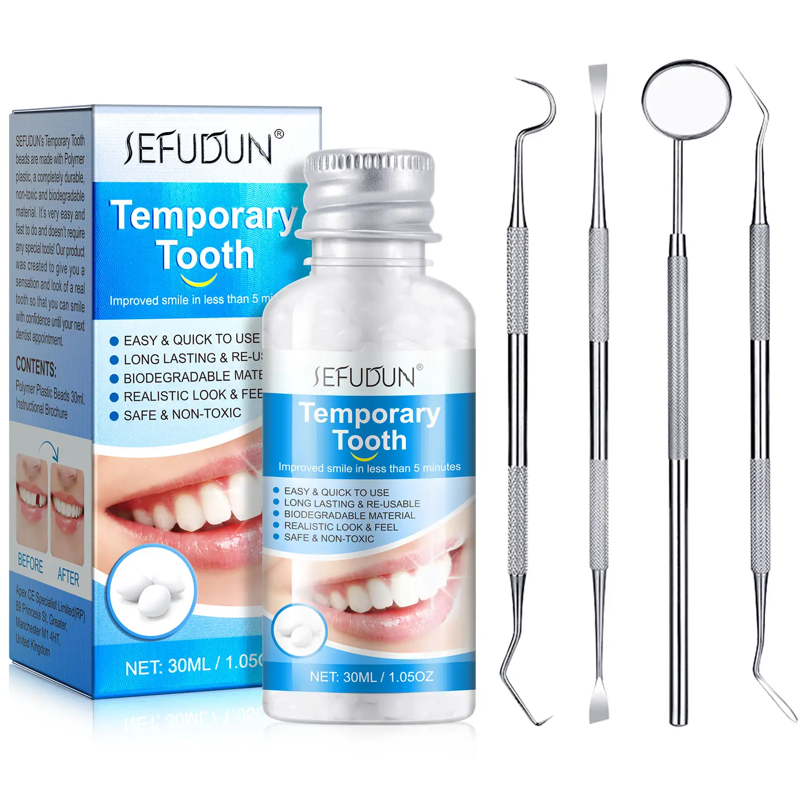 Vente en gros de granulés de perles d'ajustement thermique de 30ml, kit de réparation temporaire de dents avec sourire instantané pour le remplissage de dents cassées manquantes