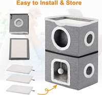 Lit pour chat en velours Oxford uni d'intérieur, type grotte, design à 2 étages, avec tapis à gratter amovible et lavable, et boule moelleuse, cube pour chat
