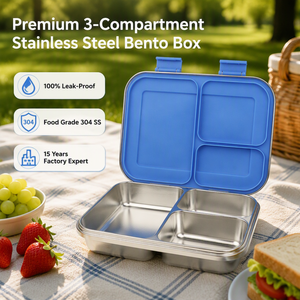 Boîte à lunch bento mignonne en acier inoxydable <span class=keywords><strong>micro</strong></span>-ondable à 3 compartiments, grande capacité, en acier inoxydable 304, sans BPA, de qualité alimentaire, avec préparation repas en silicone LFGB - Product Image 1