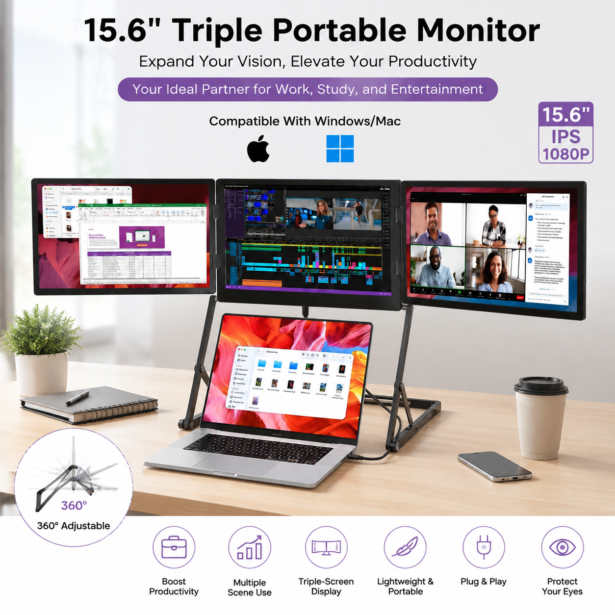 <strong>2026</strong> New Triple Portable Monitor 15.6 Inch 3 Screen FHD IPS Aluminum Alloy Screen Extender for Office Business & Laptop Travel