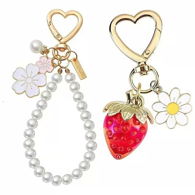 Pearl Bracelet Beaded Jewelry Pendant Phone Pearl Keychain Charms Mobile Phone Chain Lanyard Strap Metal Flower Pearl Key Chains