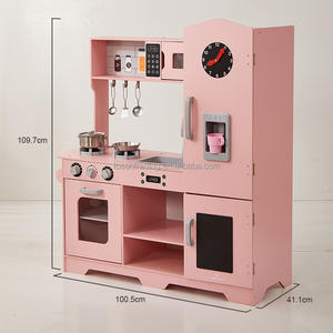 Cuisine de jeu pour enfants en bois rose vintage de luxe avec réfrigérateur, micro-ondes, cuisinière et évier vintage, ensemble de cuisine d'imitation haut de gamme - Product Image 2