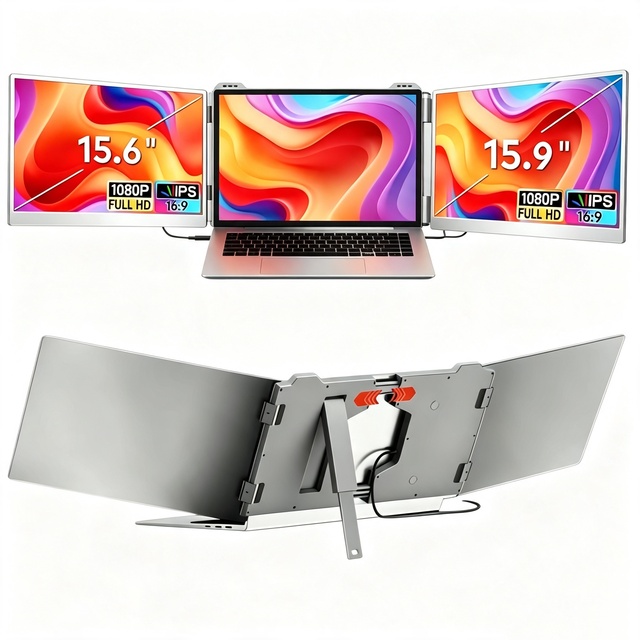 Portable Monitor for Laptop Dual Screen 15.6 Inch FHD IPS Triple Display Place on Desk Plug and Play for Business