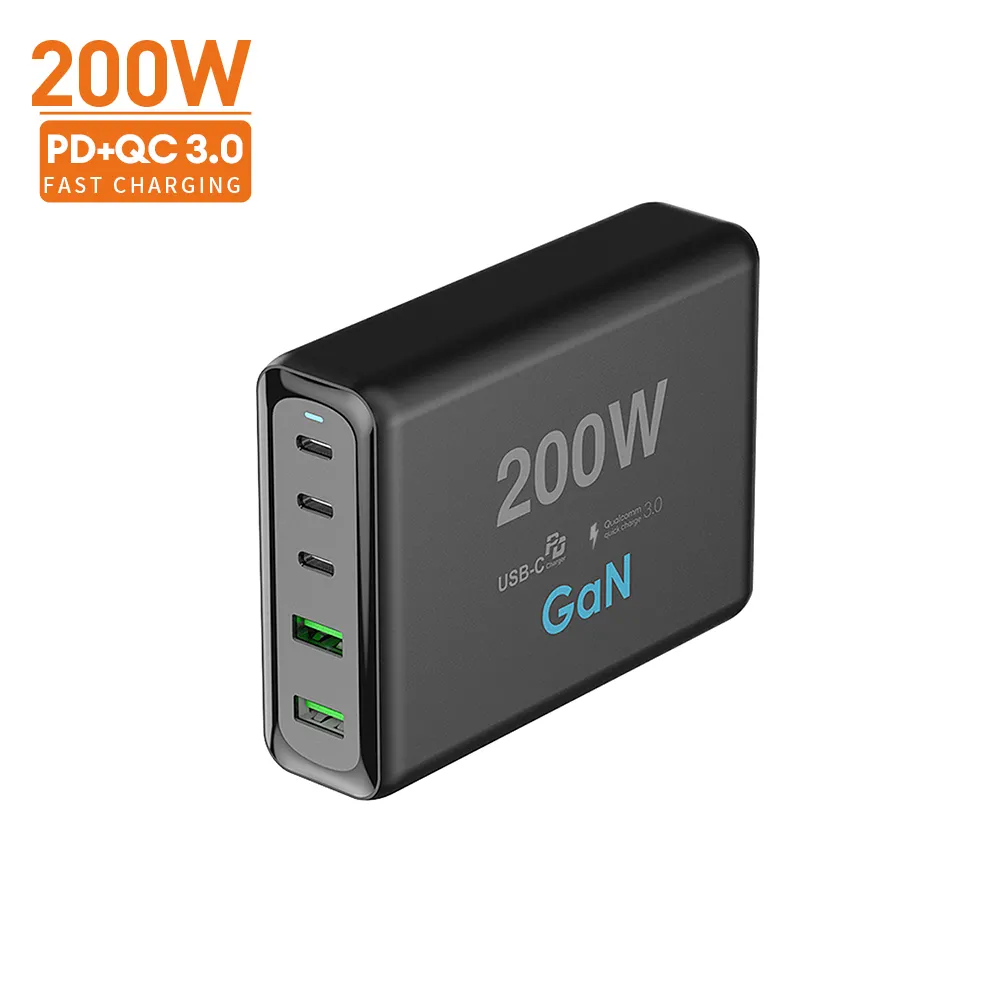 High Power GaN 200W 5 Ports Desktop Charger Multifunction PD QC3.0 Fast Charging USB C PD GaN Charger