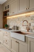 Meuble de cuisine de style américain classique, niche à fenêtre cintrée avec évier de ferme