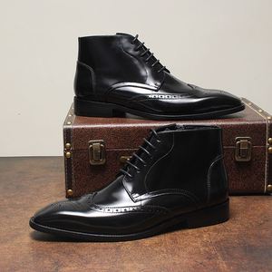 New Style Retro Lace-up Flat Mens Short Boots Glossy Genuine Leather Brocade Carved Design Ankle <b>Bootie</b> Casual Shoes Pointed Toe - Product Image 4
