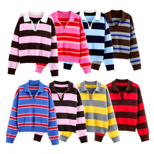 Polo de tennis, de golf et de <span class=keywords><strong>rugby</strong></span> de haute qualité à col en V avec logo personnalisé, manches longues, <span class=keywords><strong>t</strong></span>-<span class=keywords><strong>shirt</strong></span> rayé en tricot pour femmes, streetwear - Product Image 1