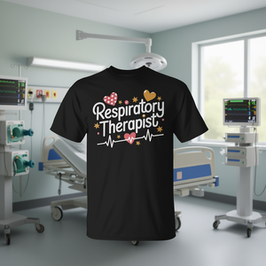 Camiseta de terapeuta respiratoria, color negro, unisex, para adultos, cuello redondo, manga corta, diseño de latido del corazón - Product Image 2