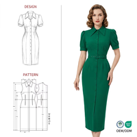 Robe chemise mi-longue à pois bleu marine imprimée sur mesure, plissée à 360°, manches bouffantes, boutonnée sur le devant, style vintage rétro pour femme