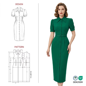 <span class=keywords><strong>Vestido</strong></span> Midi con Estampado Personalizado de Puntos Azules, Plisado 360, Manga Abullonada, Cierre de Botones al Frente, Estilo Vintage Retro para Mujer - Product Image 3