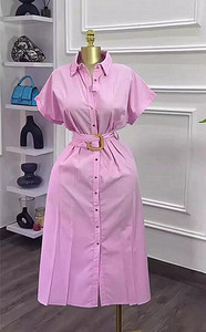 Vestidos Camiseros de Manga Corta para Mujer, Elegantes, Ajustados a la Cintura, de Color Sólido, Novedad de Otoño - Product Image 3