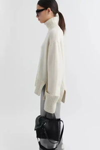 Còng gấp chia <span class=keywords><strong>HEM</strong></span> quá khổ thoải mái hình bóng cao cổ đan đáng chú ý thoải mái mềm mại phụ nữ áo thun Cashmere Áo len - Product Image 3