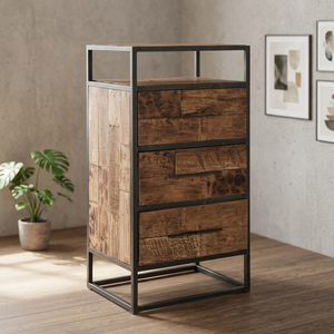 Armoire de salon moderne en bois d'aspect industriel avec miroir, 4 portes, 3 tiroirs, style antique classique, fabrication artisanale, verre transparent - Product Image 3