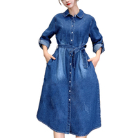 Automne Nouveau Style Denim Lavage Avec Ceinture Poche Latérale Robe Chemise À Manches Longues