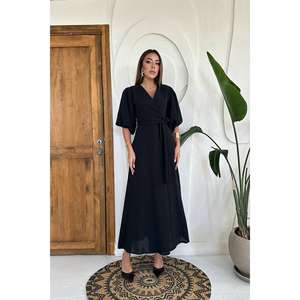 เดรสผ้ามัสลินทรงเอไลน์สีดำเรียบง่าย คาดเข็มขัด เอวธรรมชาติ สวมใส่สบายๆ ทุกวัน ซักได้ - Product Image 4