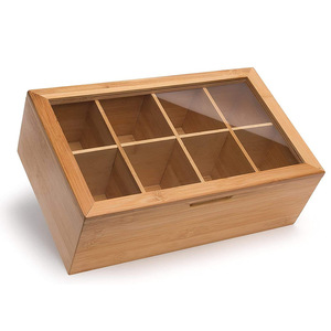 Caja de almacenamiento de té de bambú con tapa de vidrio, 6 compartimentos, rectangular, hecha a mano, para bolsas de té, bolsas de café - Product Image 1