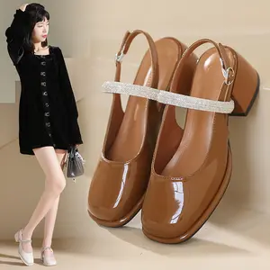 新款设计春秋欧美时尚toecap厚跟玛丽·简亮钻女鞋