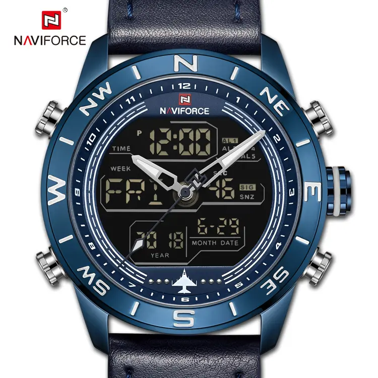 NAVIFORCE 9144 Bebe Casual Creativity Sport Watches LED Digital   Quartz Men 2019 Alloy Genuine Leather Round Buckle 44mm