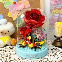 Rose de la Saint-Valentin, tournesols, fleurs, manège, roue de ciel, jouet de construction en blocs DIY avec couvercle transparent anti-poussière en plastique