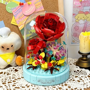 Rose de la Saint-Valentin, tournesols, fleurs, manège, roue de ciel, jouet de construction en blocs DIY avec couvercle transparent anti-poussière en plastique - Product Image 4